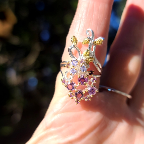 Amethyst & Topaz floral sterling & gold finger cuff sz7.75 - Picture 3 of 12